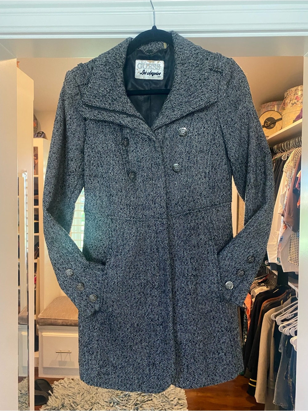Guess by Marciano Charcoal Tweed Double-Breasted Peacoat